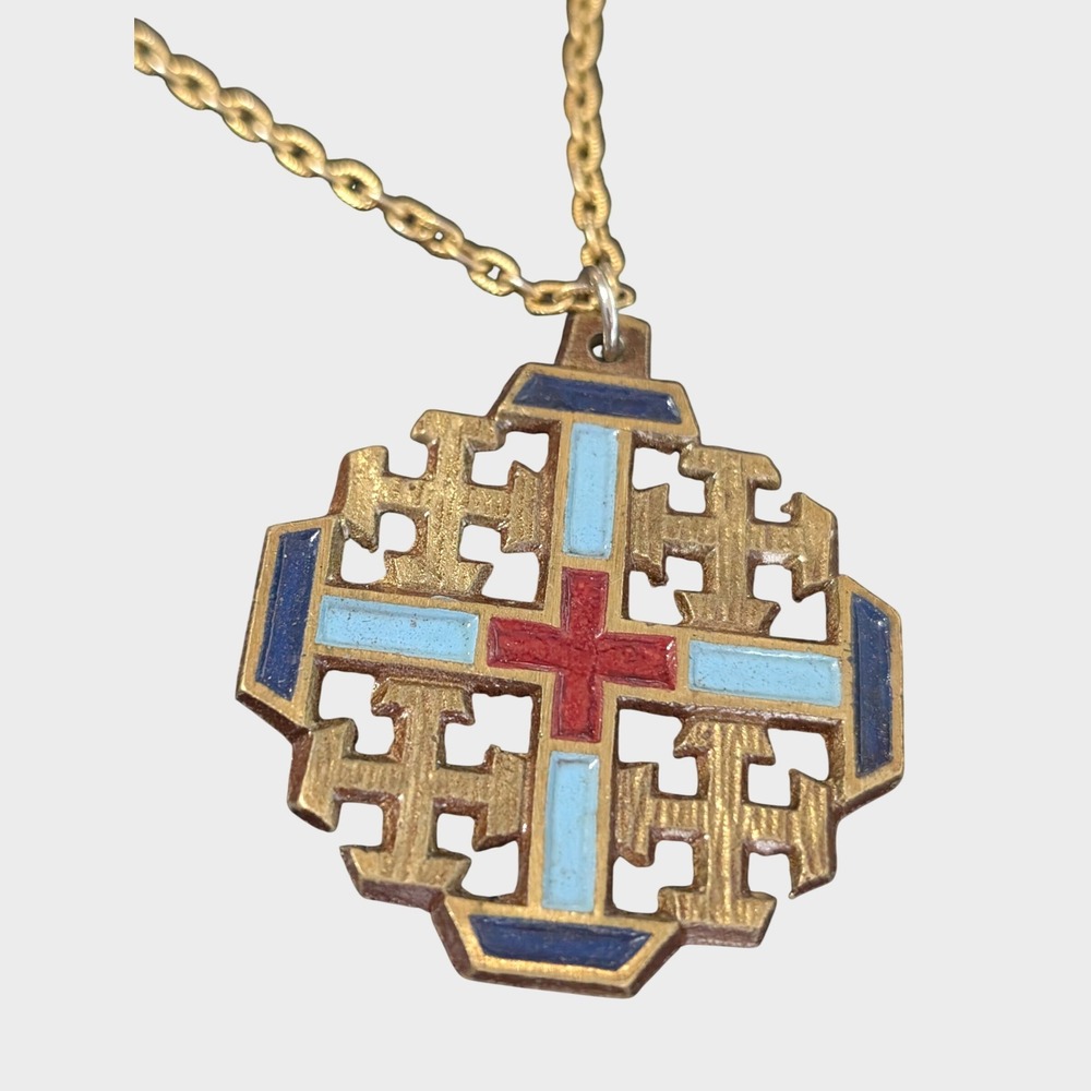 Vintage Gold Jerusalem Cross Pendant Necklace Enamel Red Blue FSS Religious